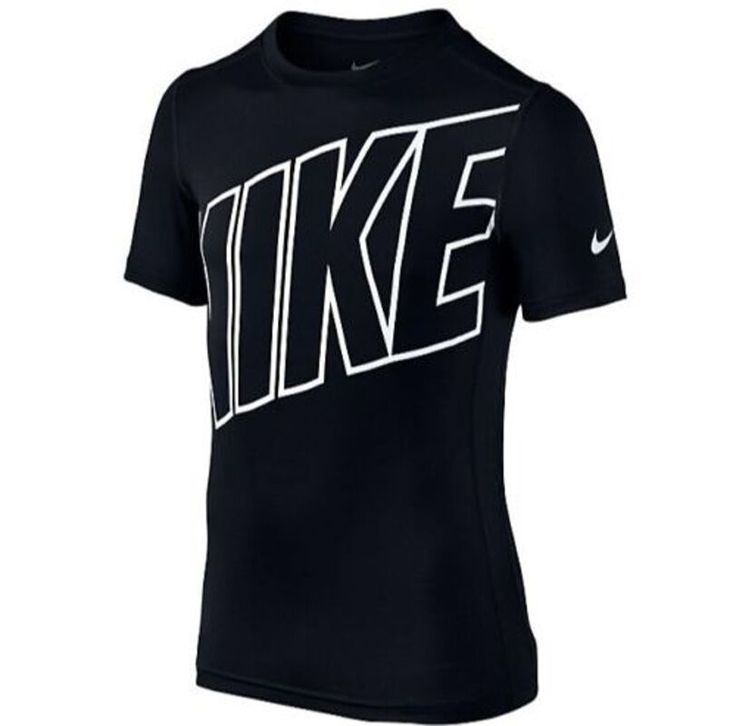 NIKE ~*~  Boy's Dri-FIT BASE LAYER S/S Tee - Sizes M, L ~*~ New With Tags GRAPHIC:  NIKE (block style across chest) DESCRIPTION BRAND:  Nike SIZE:  Boy's Medium, Large SHIRT COLOR:  Black GRAPHIC COLOR:  White MATERIAL:  100% Polyester STYLE #827994-010 SLEEVE:  Short Sleeves NECK:  Crew Neck Contrast Stitching at Seams Dri-FIT Technology Wick Away Moisture WHITE Nike Swoosh Logo at Left Sleeve Interior Neck Taping Helps Prevent Irritation Machine Wash RETAIL:  $25.00 --------------------------- Black Training T-shirt With Logo Print, Sporty Black Tops With Logo, Black Athleisure Tops With Logo, Black Logo Print T-shirt For Training, Black T-shirt With Logo Print For Training, Black Logo Print Top For Training, Nike Tshirt Men, Nike Sweatsuit, Neck Taping