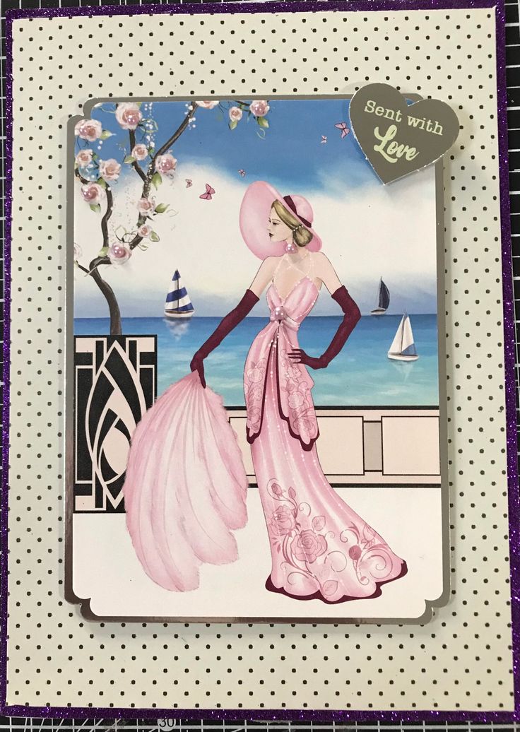 a card with a woman in a pink dress