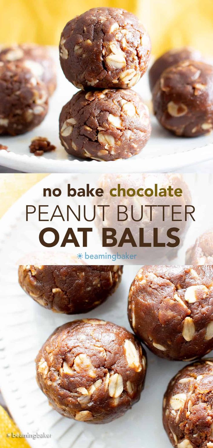 no bake chocolate peanut butter oat balls stacked on top of each other with text overlay