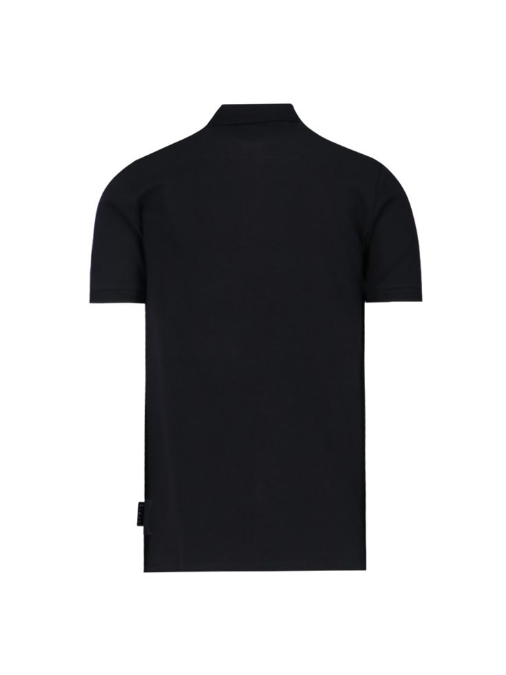 Philipp Plein logo polo shirt in black fabric with classic collar, short sleeves, button closure, multicolor front patch, logo patch detail, side logo label, straight hem. Composition: 100% Polyester Classic Short Sleeve T-shirt With Logo Patch, Classic Collared Polo Shirt With Logo, Classic Black Top With Logo Patch, Black Polo Shirt With Button Closure, Black Cotton Top With Logo Patch, Cotton Polo Shirt With Logo Patch, Casual Cotton Polo Shirt With Logo Patch, Casual Black Top With Logo Patch, Sporty Collared Polo Shirt With Logo Print