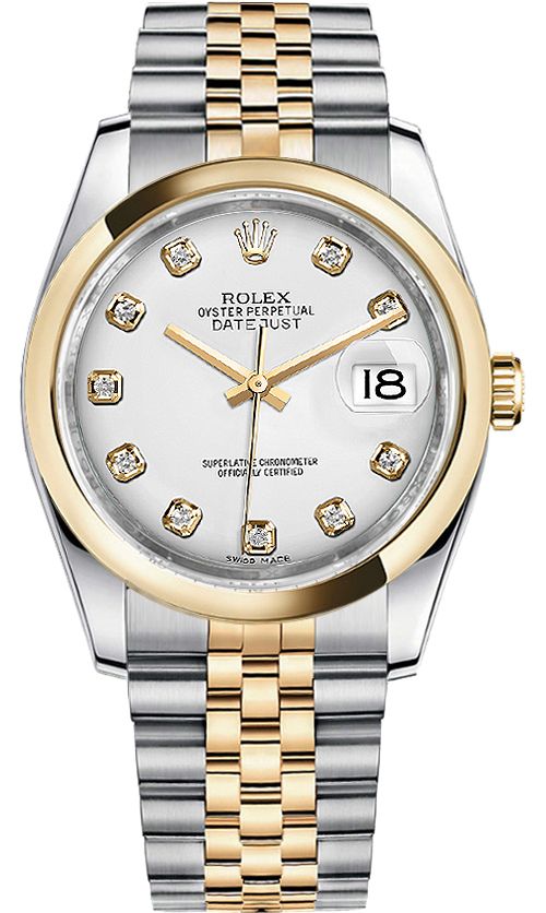 116203 | M116203-0175 ROLEX DATEJUST 36 MEN'S OR WOMEN'S LUXURY WATCH Store Display Model (What's This?) - With Manufacturer Serial Numbers - Swiss Made - White Dial Set with Diamonds - 10 Diamonds Set on Dial - Solid 18k Yellow Gold Domed Bezel - Date Feature - Self-winding Automatic Chronometer Movement - 6 Year Warranty - Guaranteed Authentic - Certificate of Authenticity - Manufacturer Box & Manual - Solid 18k Yellow Gold with 904L Oystersteel Stainless Steel Case & Jubilee Bracelet - Scratch Resistant Sapphire Crystal - 100 Meters / 330 Feet Waterproof - 36mm = 1 1/3" Case, 6" Adjustable Bracelet - Deployment Buckle - Screw Down Crown & Caseback - Free Bracelet Sizing     Also Known As Model # 116203-WHTDJ Cheapest Rolex, Pretty Watches, Buy Rolex, Rolex Women, Watches Collection, Oyster Perpetual Datejust, Rolex Watches For Men, Rolex Men, Time Life