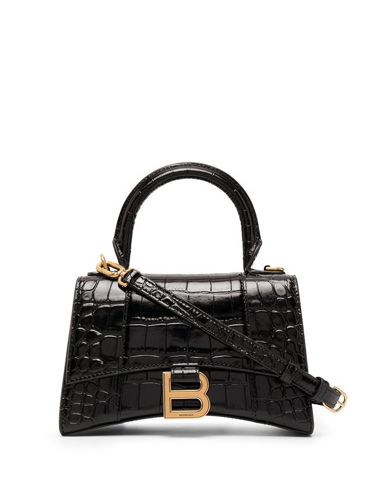 black leather crocodile effect gold-tone logo plaque single rounded top handle adjustable detachable shoulder strap foldover top with magnetic fastening main compartment internal logo stamp internal zip pocket made in Italy Sacs Tote Bags, Balenciaga Leather, Balenciaga Women, Luxury Purses, Balenciaga Bag, Black Leather Handbags, Black Shoulder Bag, Logo Stamp, Black Tote Bag