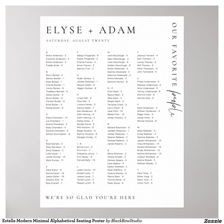 the wedding seating chart for elye and adam, which is printed on white paper