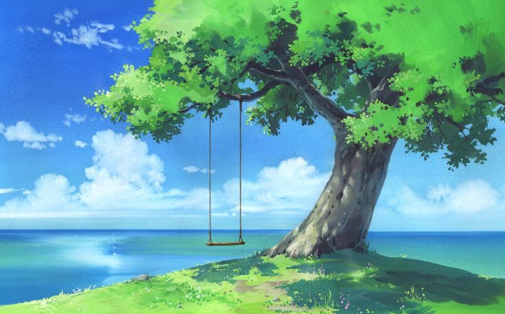 a painting of a tree with a swing hanging from it's trunk near the ocean