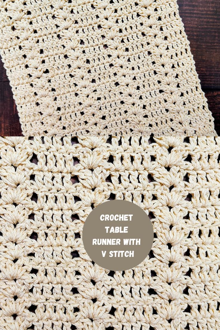 the crochet table runner with v stitch is shown on top of a wooden surface