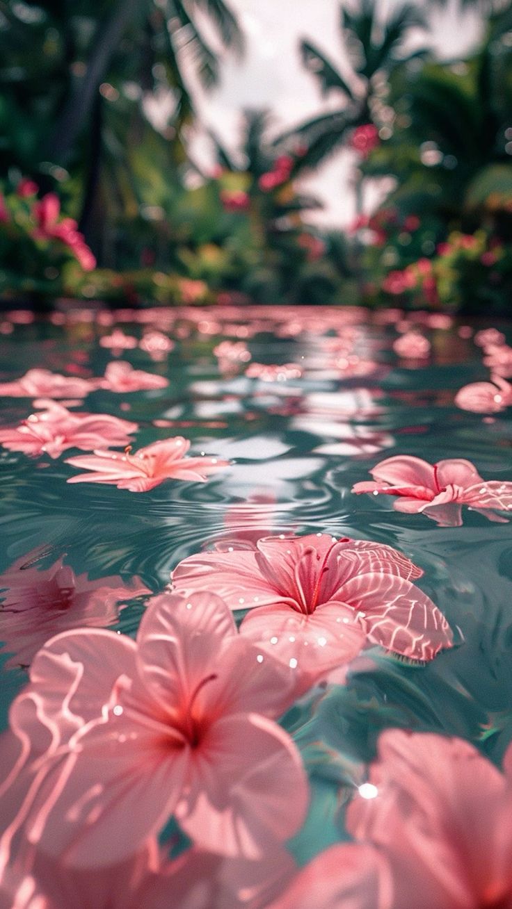 pink flowers floating on top of water next to palm trees and greenery in the background