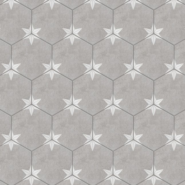 a gray and white wallpaper pattern with stars on it's sides, as well as hexagonal shapes