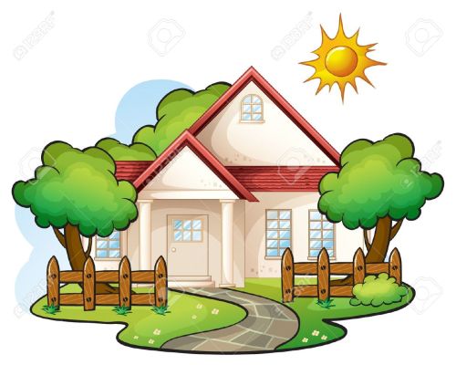 a house in the field with trees and a path leading to it stock photo - 1229