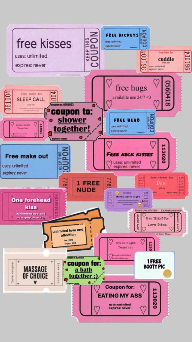 some pink and blue tickets are stacked on top of each other, with the words free kisses