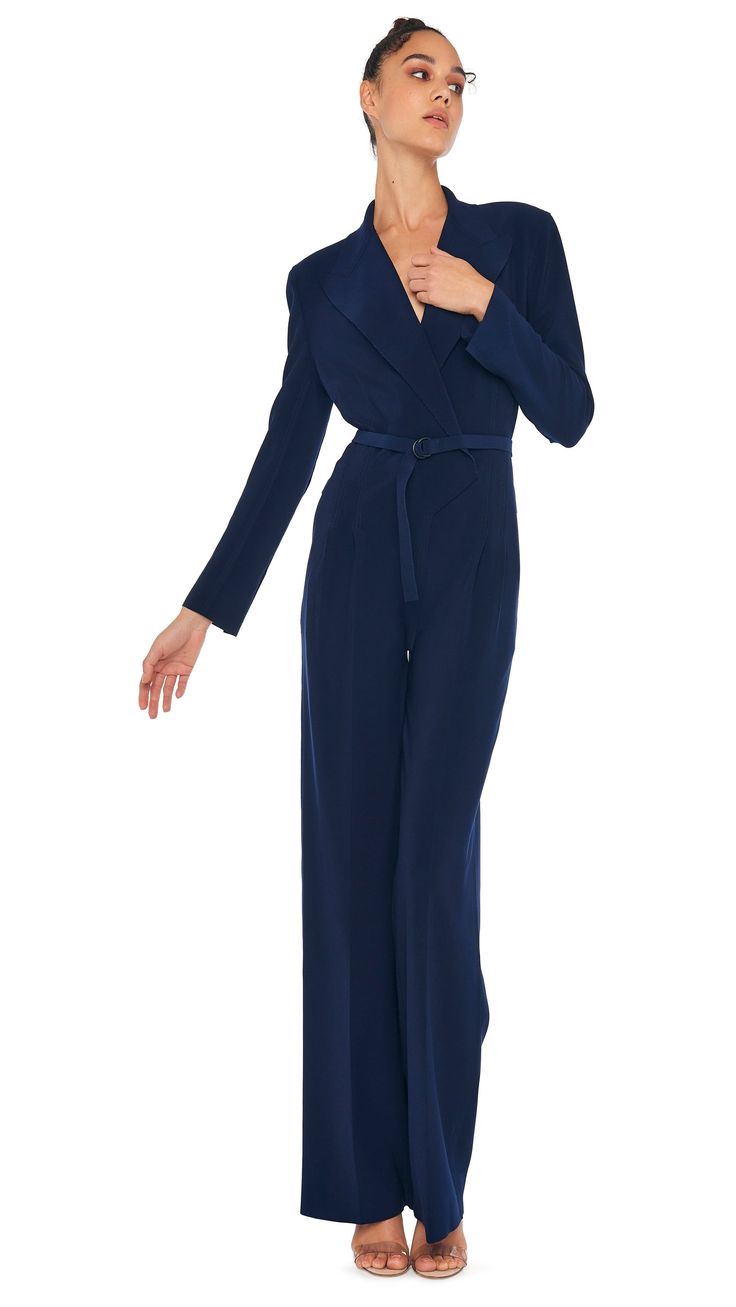 DB STRAIGHT LEG JUMPSUIT – True Navy – Norma Kamali Elegant Belted Jumpsuits And Rompers, Chic Jumpsuits And Rompers With Belt For Workwear, Fitted Belted Evening Pantsuit, Chic Career Pantsuit With Lapel Collar, Elegant Jumpsuits With Belted Cuffs, Workwear Jumpsuits And Rompers With Belt Loops, Chic Long Sleeve Pantsuit For Career, Chic Belted Jumpsuits And Rompers For Formal Occasions, Chic Belted Jumpsuits And Rompers For Formal Events