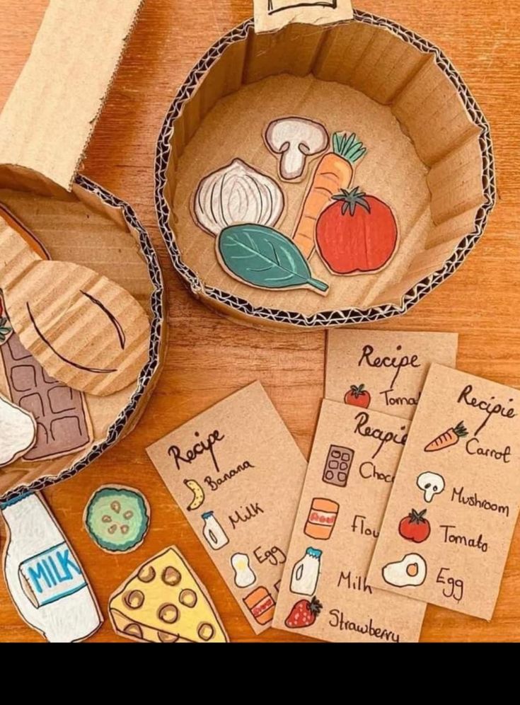 an assortment of food items are shown in bowls on a wooden table with labels and magnets