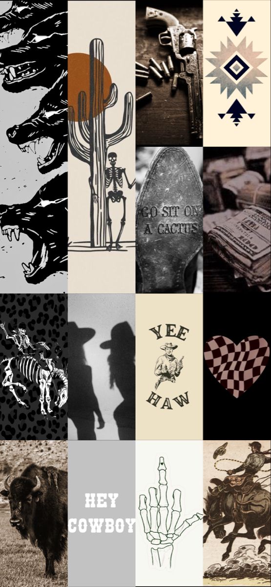 a collage of different images with the words hey cowboy written in black and white