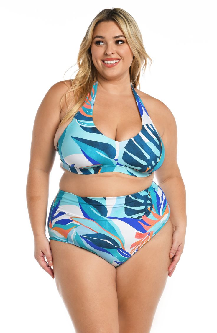 This flirty halter swim top flaunts a custom fit and a pretty pattern that's poolside-ready. Adjustable hook-and-eye back strap Halter neck ties 83% nylon, 17% elastane Hand wash, line dry Imported Halter Neck Top With Built-in Bra For Pool, T-back Halter Top For Poolside And Beach Season, Tropical Triangle Halter Top For Swimming, Blue T-back Halter Top For Poolside, Vacation Tankini For Swimming With Halter Neck, Vacation Swimwear With Built-in Bra And Racerback, Vacation Racerback Swimwear With Built-in Bra, Tropical Halter Neck Top For Poolside, Tropical Halter Neck Top For Swimming