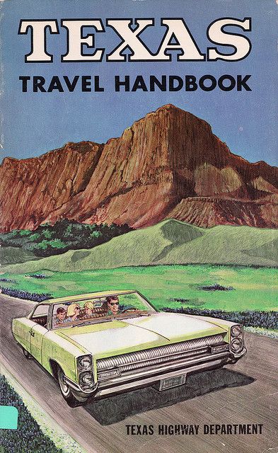 the texas travel hand book is shown in green and white, with mountains behind it