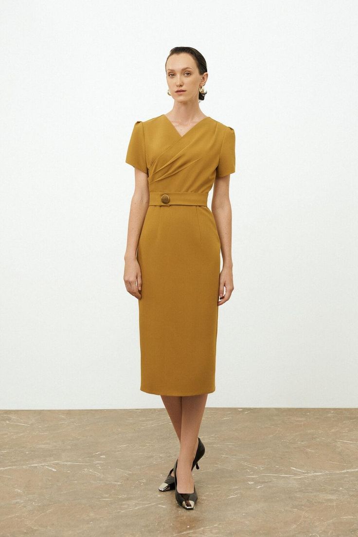 Elegant V-neck Midi Dress With Buttons, Elegant V-neck Dress With Buttons, Elegant Gold Dress For Workwear, Elegant Yellow Dress For Work, Elegant Yellow Office Dress, Elegant Midi-length V-neck Dress With Buttons, Elegant Spring V-neck Dress With Buttons, Elegant Yellow V-neck Dress For Spring, Yellow Knee-length Office Dress