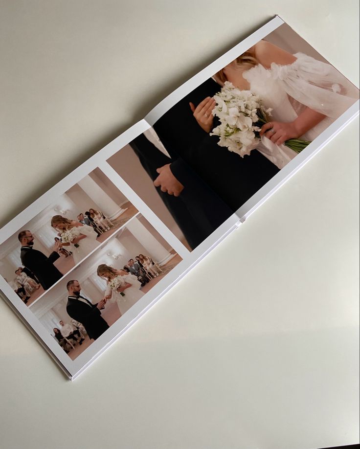 an open photo book with pictures of people in formal wear and flowers on the cover