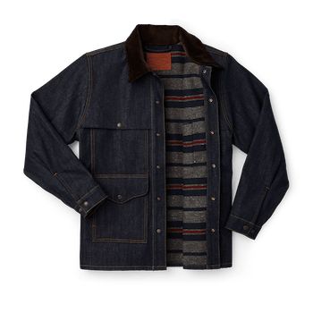 Our new Lined Denim Cruiser Jacket is a tough variant of our 1914-patented classic. It fuses the utility of our multi-pocket forestry jacket with the historic fabric that earned a reputation for toughness in the mid-1800s gold rush. The interior is lined with a special wool blend for added warmth. The preshrunk raw denim will develop its own unique fade and wear pattern, telling the story of rugged use over the years. Snap- front and-adjustable cuffs. Corduroy-lined collar. | Filson Lined Denim Cruiser Jacket Raw Indigo Size Small Cotton Denim Jacket With Patch Pockets For Outdoor, Outdoor Cotton Denim Jacket With Patch Pockets, Dark Wash Selvedge Outerwear For Work, Outdoor Utility Jacket With Double-needle Sleeve, Outdoor Work Sport Coat With Pockets For Fall, Fall Sport Coat For Outdoor Work With Pockets, Fall Outerwear With Patch Pockets For Outdoor Work, Fall Outdoor Work Outerwear With Patch Pockets, Rugged Outdoor Shacket With Pockets