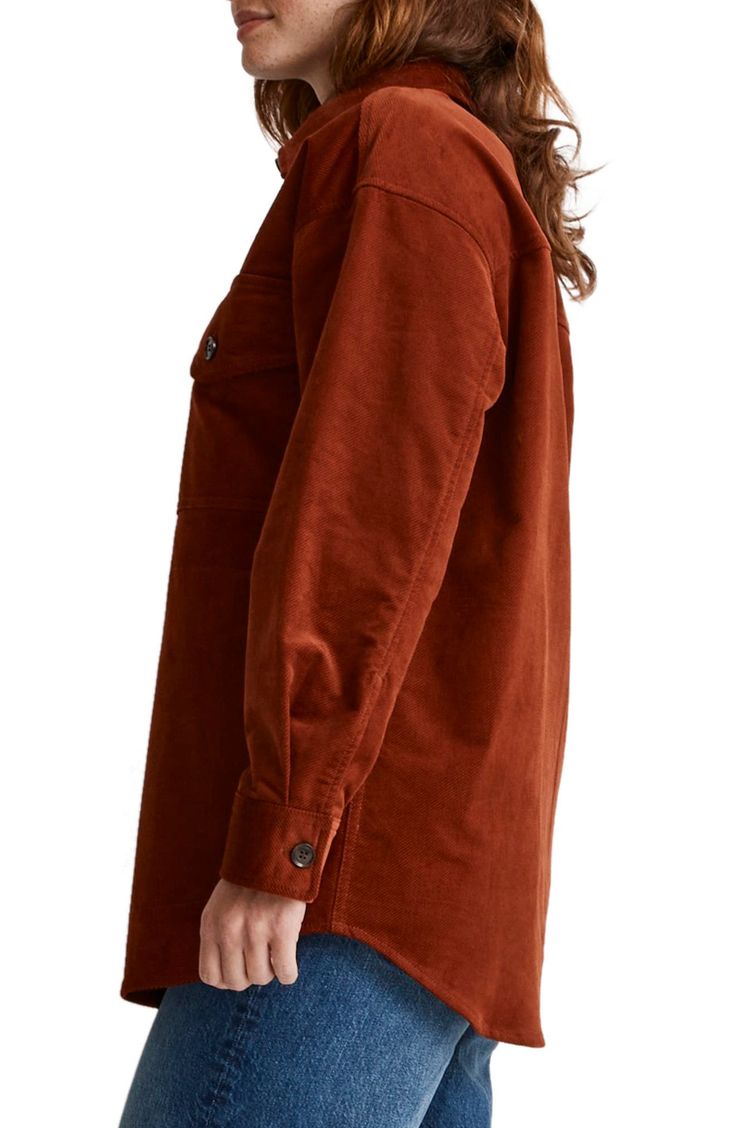 Crafted of weighty, textured twill, this superoversized shirt-jacket has welt pockets and a curved shirttail hem. The perfect easy-to-throw-on layer to add a little texture to any look. 31" length (size Medium) Spread collar Long sleeves with button cuffs 98% cotton, 2% elastane Machine wash, tumble dry Imported Brown Fall Shacket With Patch Pockets, Fall Button-up Tops With Side Pockets, Oversized Solid Shacket With Lapel Collar, Fall Solid Color Shacket With Pockets, Brown Shacket With Buttoned Pockets, Brown Long Sleeve Shacket With Buttoned Pockets, Relaxed Fit Shacket With Pockets, Fall Long Sleeve Shacket With Patch Pockets, Solid Shacket With Pockets And Relaxed Fit