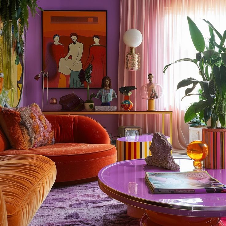 a living room with purple walls and orange furniture