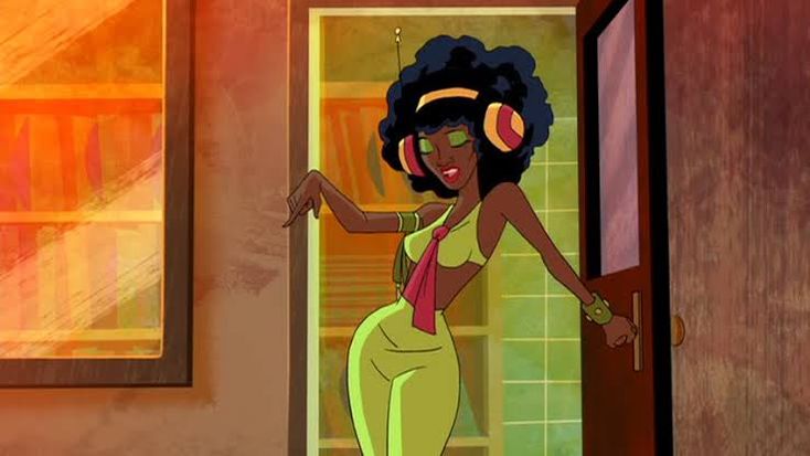 an animated image of a woman with headphones in her hair and wearing a yellow dress