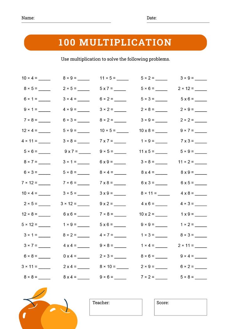 a printable worksheet with an orange apple and the words 100 multiplication