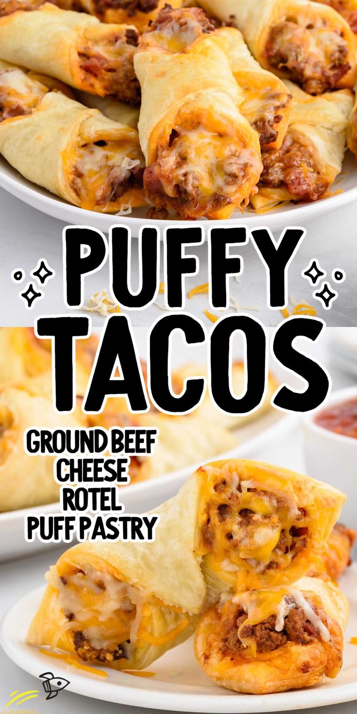 the cover of puffy tacos is shown on a plate with other food items