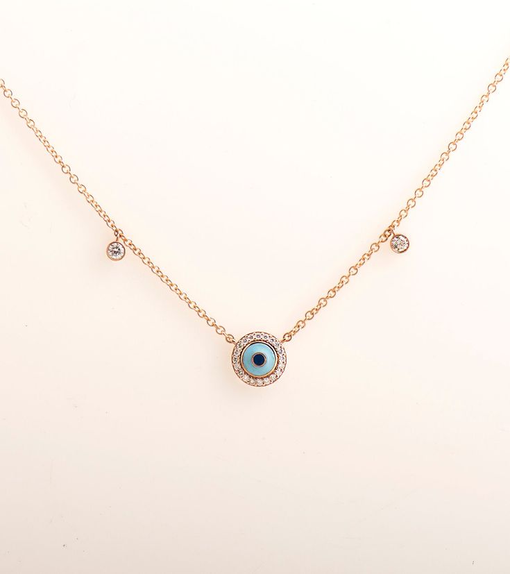 Evil eye penadant made in 14k or 18k rose gold and set with clear diamonds. Diamonds surrounding the eye and 2 additional diamonds on each side of the chain. The eye color is made in enamel coating process and can be made in other colors as well This listing is for ROSE GOLD, you can order other colours from the following links: ● Yellow gold - ● White gold - DIAMONDS SPECIFICATIONS Total Carat Weight: 0.30 CT Color: G + Clarity: VS + Shape: Round The stones are 100% natural diamonds and conflic Rose Gold Diamond Jewelry With Diamond Eyes, 14k Rose Gold Round Necklace Fine Jewelry, 14k Rose Gold Single Cut Diamonds Jewelry, 14k Rose Gold Jewelry With Diamond Eyes, Rose Gold 14k Diamond Eyes Jewelry, Elegant Rose Gold Evil Eye Jewelry, Tri Color Ring, Necklace Evil Eye, Diamonds Necklace