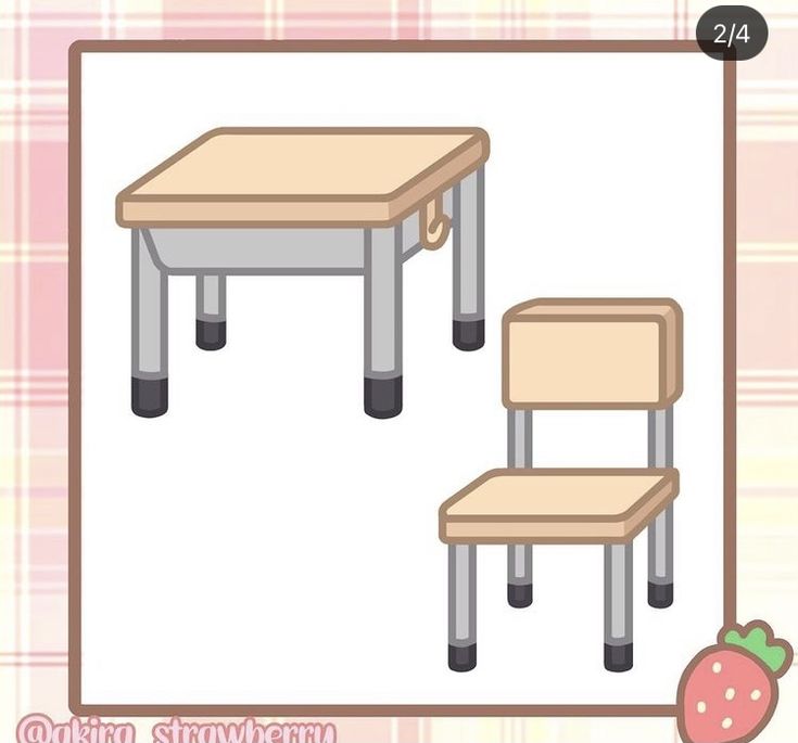 a drawing of a table and two chairs with the same seat on each side, in front of a plaid background