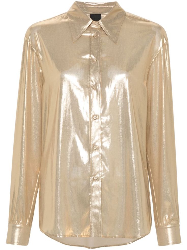 gold-tone foiled finish front button fastening pointed flat collar long sleeves buttoned cuffs curved hem Pointed Flat Collar, Wedding Guest Looks, Yoko London, City Dress, Summer Beach Wear, Ski Wear, Lady Dior, Jacket Tops, Denim Dress