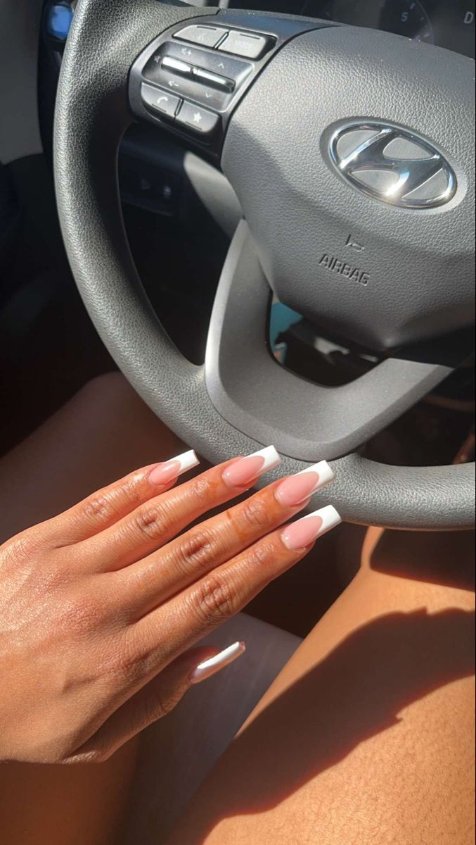 Tapered square medium french tips Nail Extension Square Shape, Long Nails White Tip, Medium Length Coffin French Tips, Sqaire French Tip Nails, French Manicure Medium Length, Middle Acrylic Nails, Tapered Medium Nails, Thicker French Tip Nails, Medium Tapered Square French Tip Acrylic