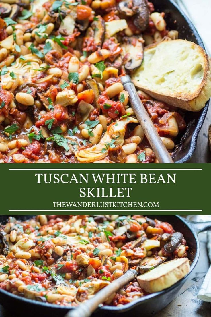 a skillet filled with pasta and beans, topped with parmesan bread on the side