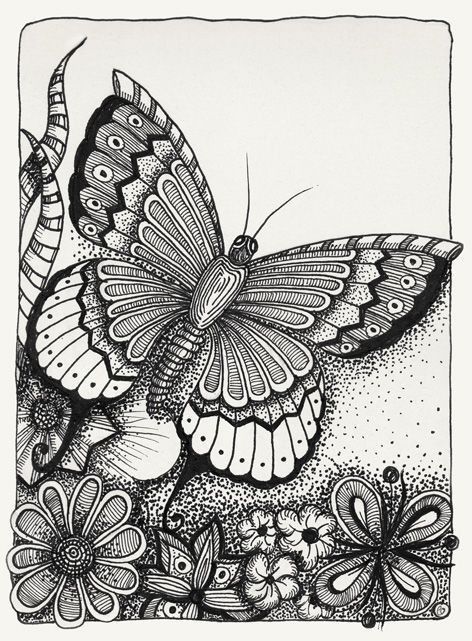 a black and white drawing of a butterfly with flowers on it's back ground