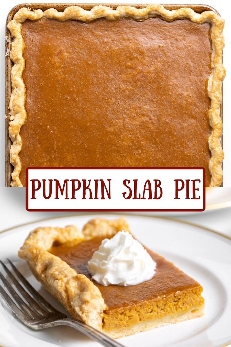 a slice of pumpkin slab pie on a white plate with a fork next to it