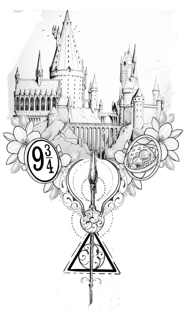 a drawing of hogwart's castle with the number 9 on it and flowers