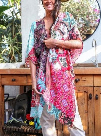 Our Boho Floral Patchwork Kimono is the perfect style for your festival, concert or brunch! One Size Fits MostSizes: 0-18Length: 36"Bust Across: 30" Armhole: 12"Fabric Contents: 100% Polyester Fitted Floral Kimono For Festival, Bohemian V-neck Kimono For Party, One Size Pink Kimono For Summer, Pink Hippie Kimono For Summer, One Size Multicolor Kimono For Festivals, Summer Hippie Pink Kimono, Pink Bohemian Summer Kimono, Pink Kimono For Spring Festival, Bohemian Printed Kimono For Brunch