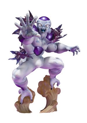 a figurine is shown in purple and white