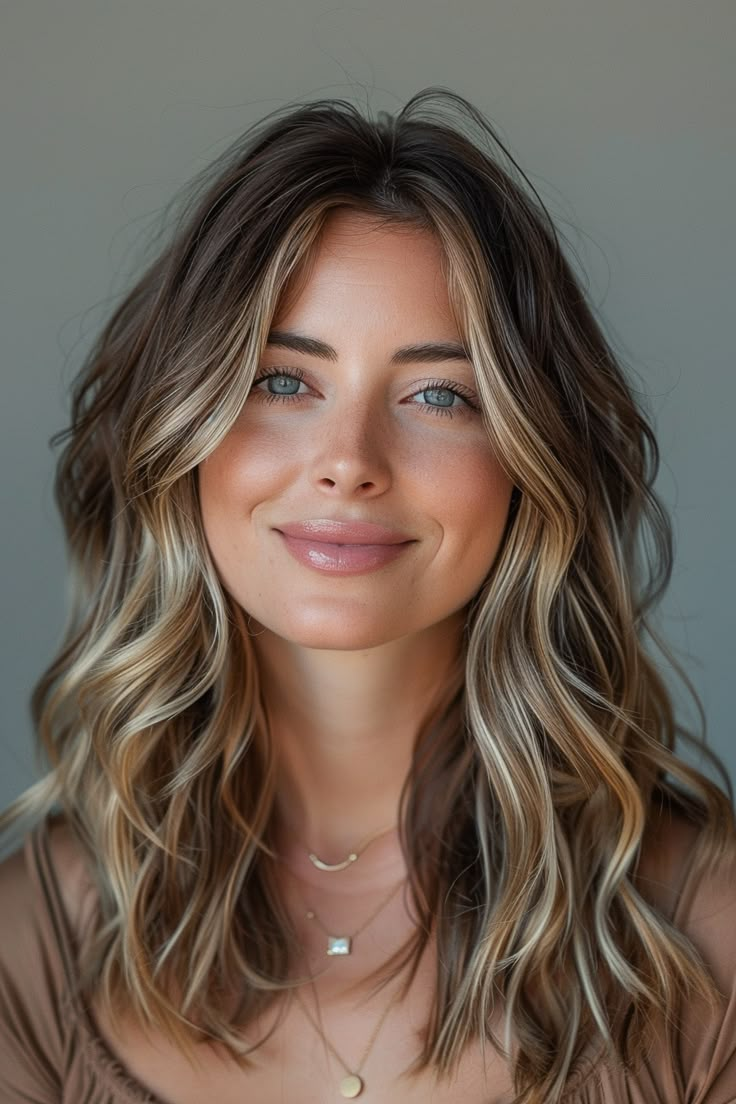 Blended Brown And Blonde Hair, Hair Color Ideas For Brunettes With Blue Eyes, Dark Brunette With Blonde Highlights Balayage, Blond Tips On Brown Hair, Brunette Hair With Blue Eyes, Blue Eye Brunette, Brunette Hair With Highlights Blondes, Blonde Hair Color With Highlights, Hair Color Ideas With Highlights