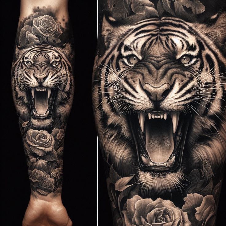 a tiger and rose tattoo on the left arm, with an open mouth in front