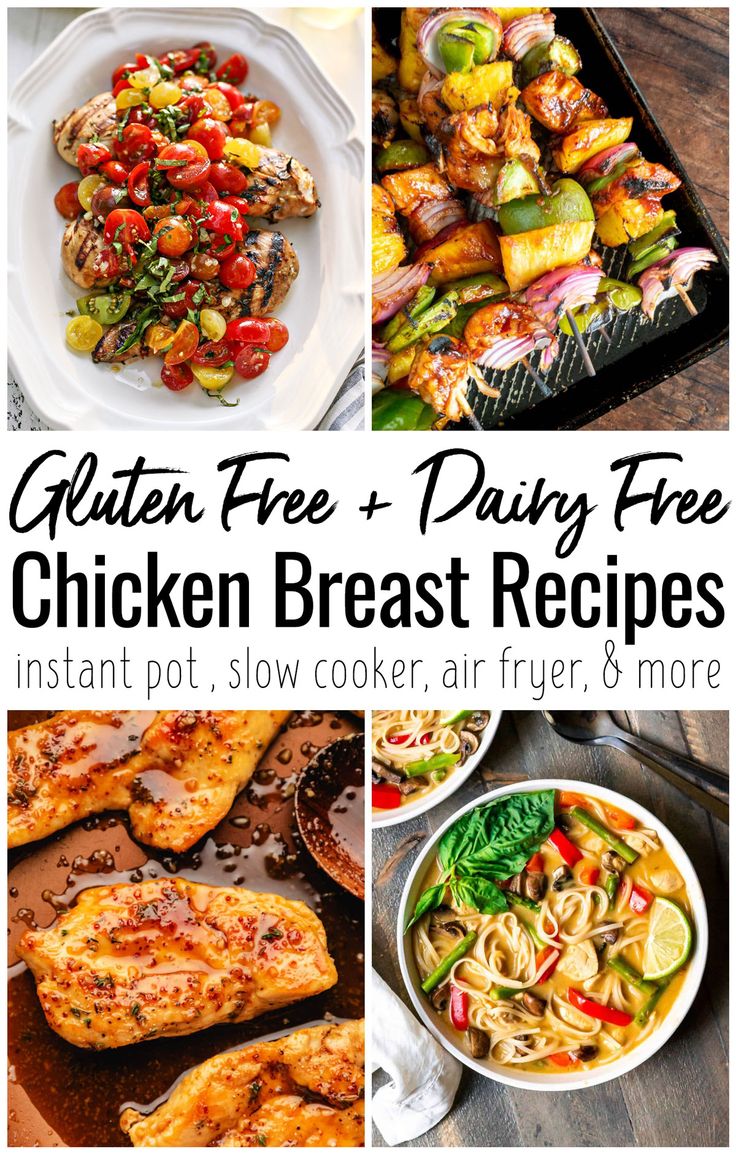 chicken breast recipe collage with text overlay that reads gluten free and pray free chicken breast recipes instant pot, slow cooker, air fryer,