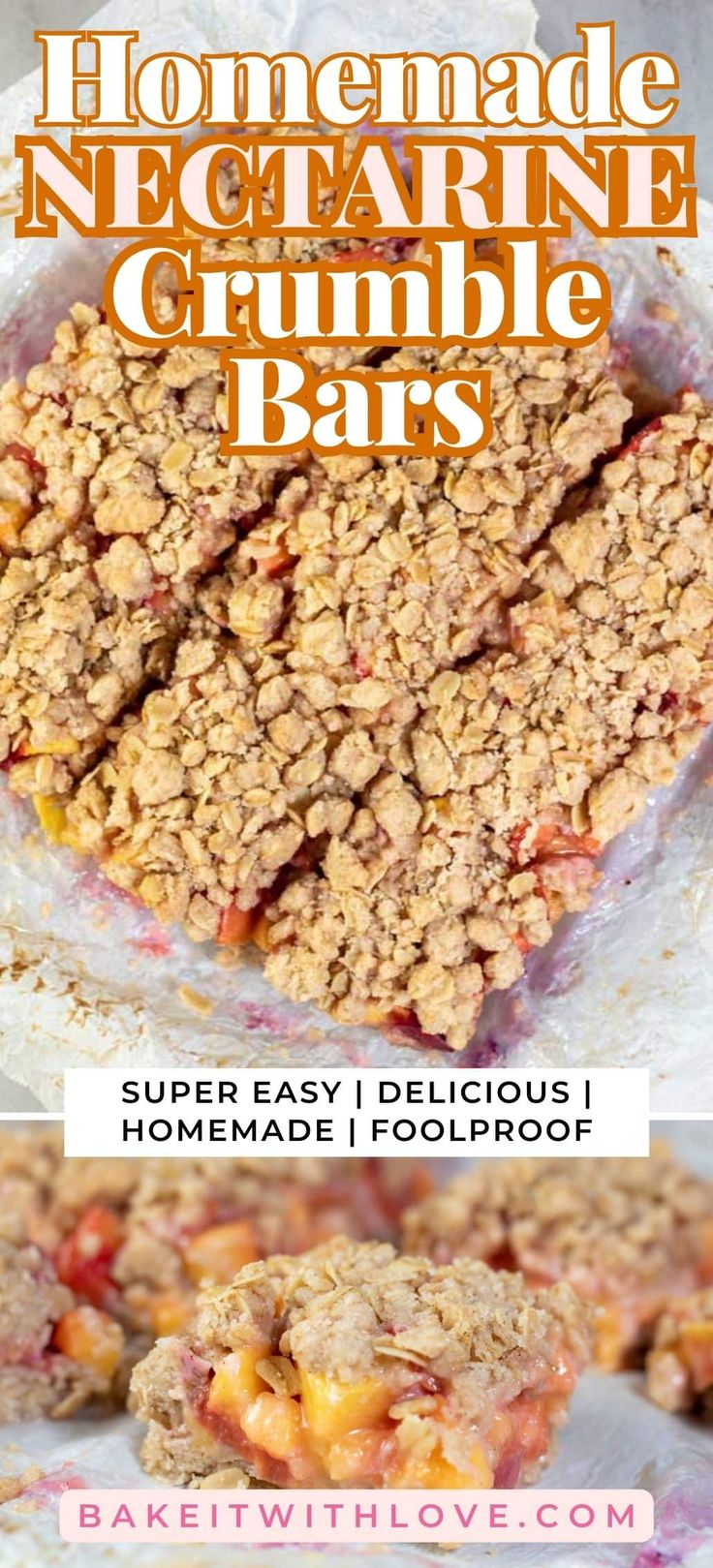 homemade nectarine crumble bars recipe with text overlay