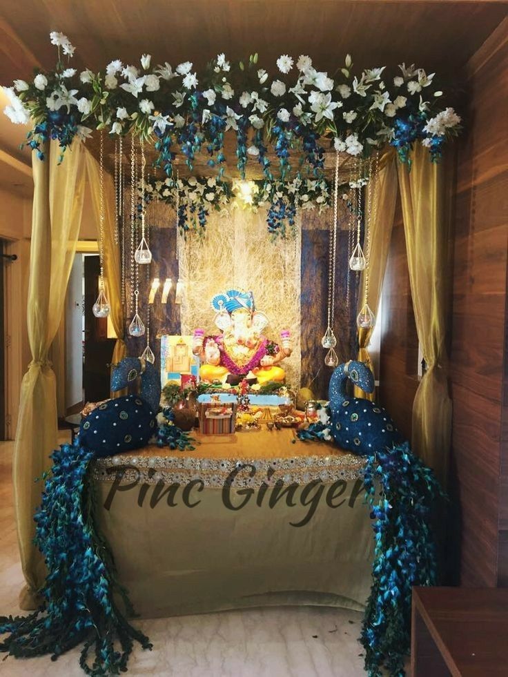 Flower Decoration For Ganpati, Ganpati Decoration Theme, Mandir Decoration, Ganesh Chaturthi Decoration, Ganpati Decoration At Home, Janmashtami Decoration, Ganapati Decoration, Decoration For Ganpati, Peacock Theme