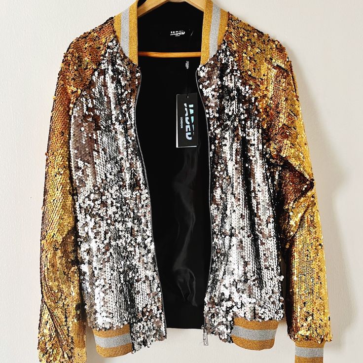 Jaded London Bomber Jacket Sequin Xs Bought Off Nasty Gal Website Years Ago, Along With Another Sequin Jacket With A Different Color Pattern, I Ended Up Reaching For The Other One, So This One Got Stored. Ready To Release It To Someone Who Will Wear It, And Live It’s Best Disco Life! Gold + Silver Sequin Jacket - Nwt Super Disco Babe Chic, With A Bit Of An Oversized Fit ;) A Wow + Real Glow Up Piece! Out Of Stock Online Smoke Free + Good Vibe Home Metallic Outerwear For Party, Casual Metallic Outerwear For Party, Winter Silver Sequined Outerwear, Silver Sequined Winter Outerwear, Silver Sequined Outerwear For Winter, Silver Sequined Outerwear For Fall, Trendy Silver Outerwear For Fall, Patchwork Denim Jacket, Faux Leather Biker Jacket