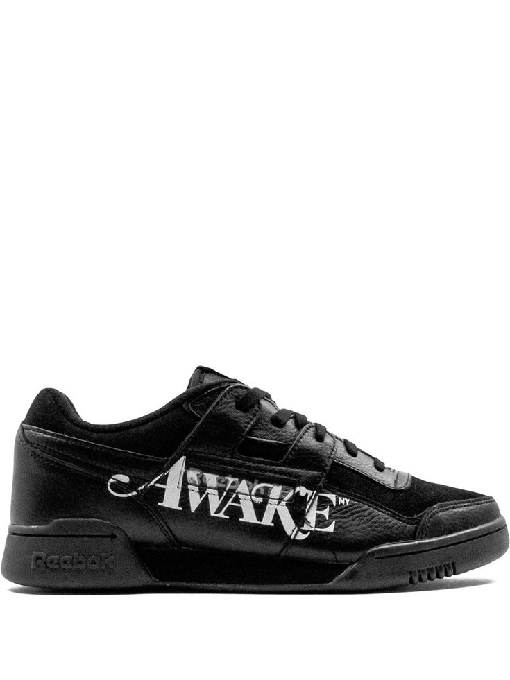 black leather/rubber slogan print round toe front lace-up fastening logo patch at the tongue branded insole flat rubber sole These styles are supplied by a premium sneaker marketplace. Stocking only the most sought-after footwear, they source and curate some of the most hard to find sneakers from around the world. Reebok Workout Plus, Awake Ny, Black Reebok, Metallic Sneakers, Its A Mans World, Oversized Tote Bag, Reebok Sneakers, Floral Shoes, Print Sneakers