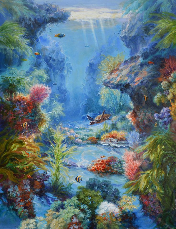 an underwater scene with corals and fish in the water, surrounded by tropical vegetation