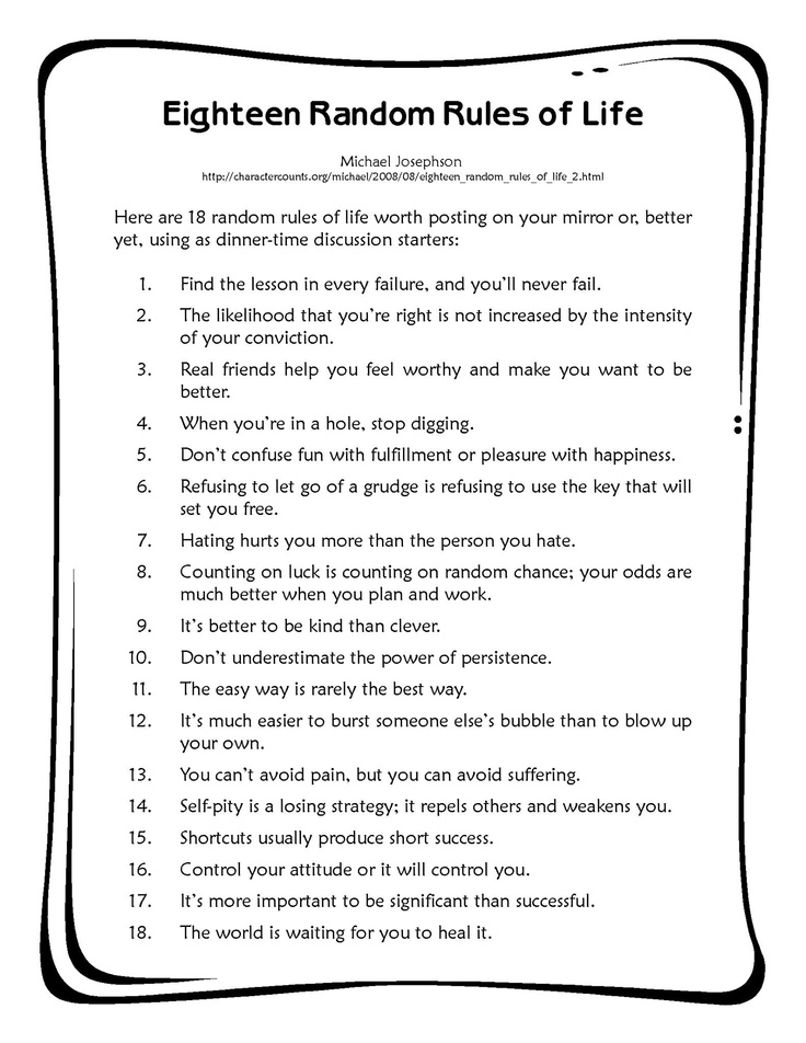 a poem with the words eighteen random rules of life written in black and white on it