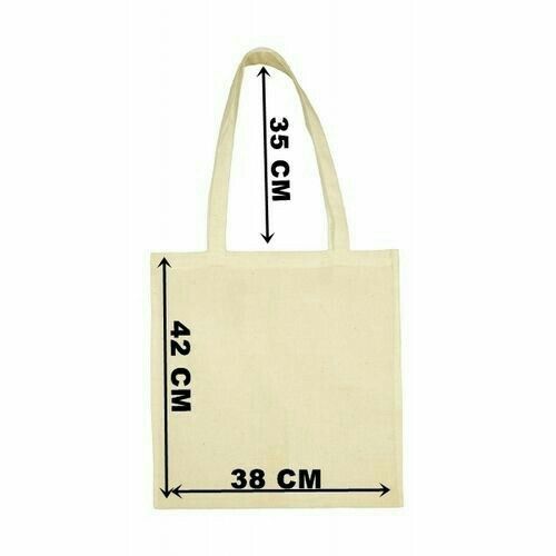 a tote bag with measurements for the size and length, on a white background