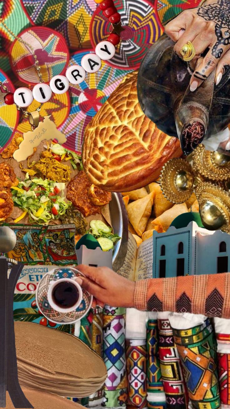 a collage of food and people's hands