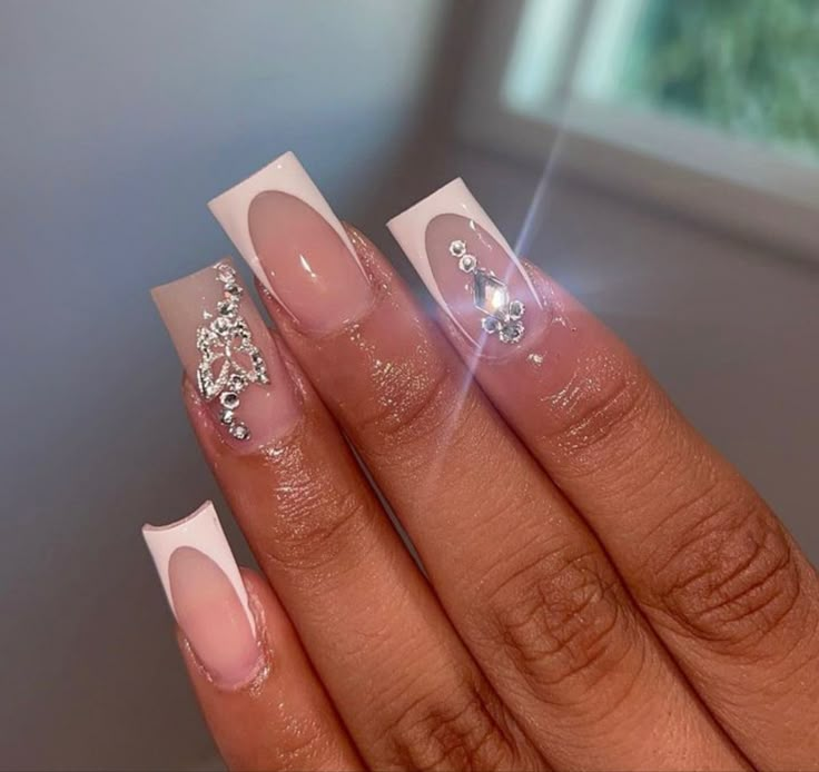 Nails With Gems Medium Length, Gem Placement On Nails Short, Cuticle Gems Nails, French Tip Gems Nails, Cute Nail Designs With Gems, French Tip W Gems, Acrylic Nail Designs With Gems, Frenchies With Rhinestones, Short Blue Nails With Rhinestones