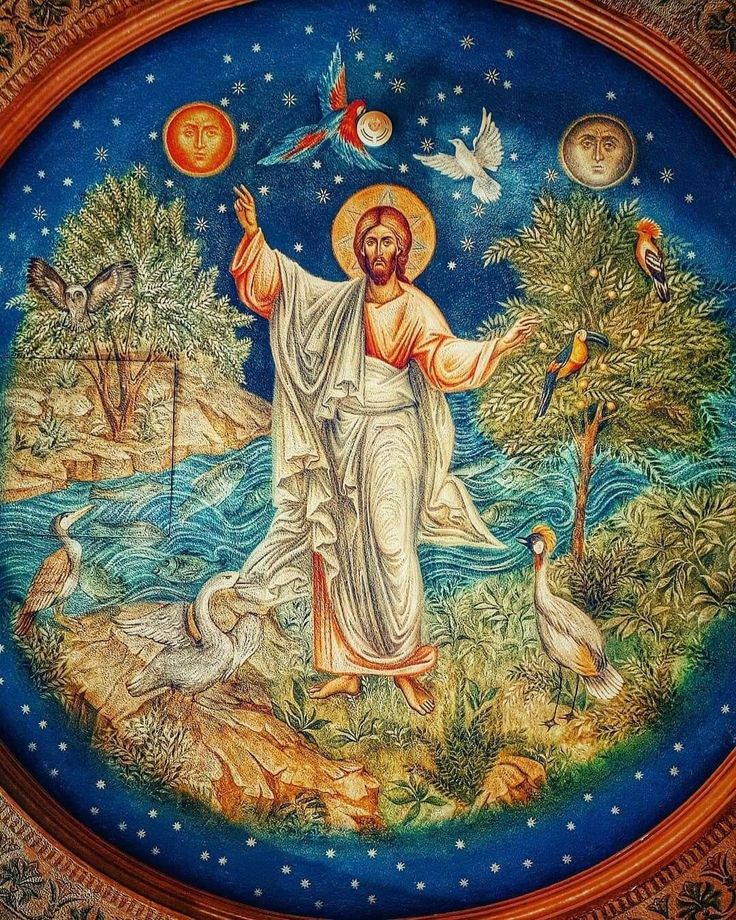 the painting on the ceiling depicts jesus surrounded by birds