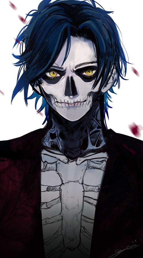 a skeleton with blue hair and yellow eyes